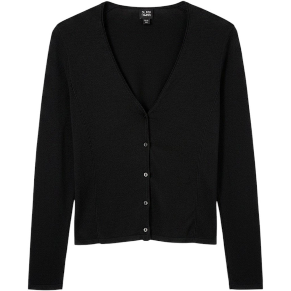 Eileen Fisher 100% Silk Sheer Knit Cardigan Black V Neck Button Front Sz XS Luxe